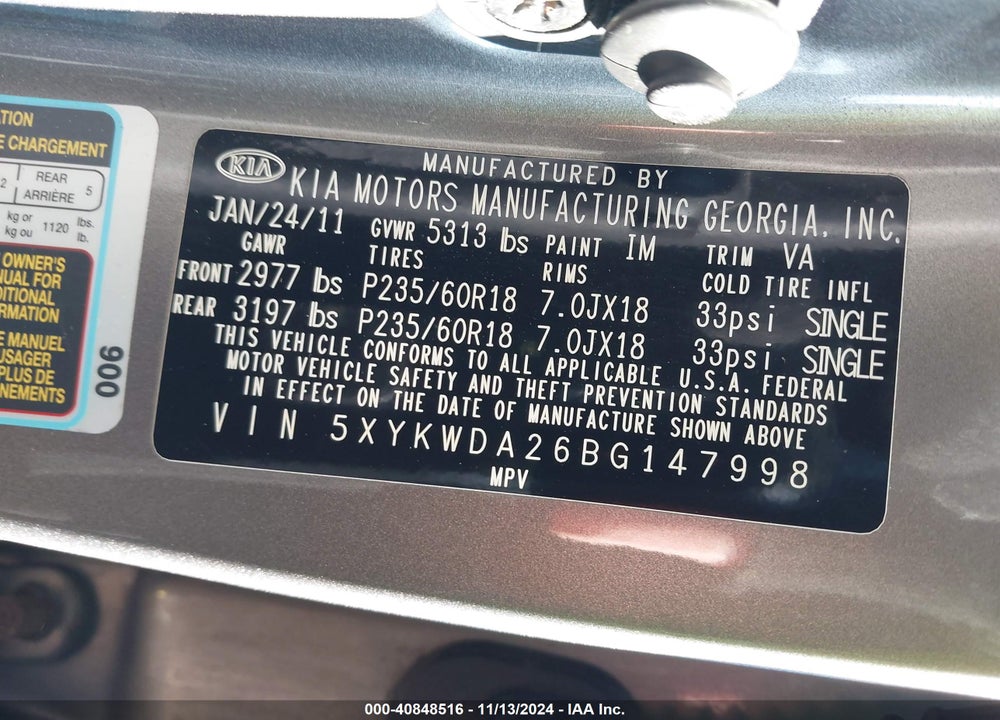 2011 KIA SORENTO SX V6 VIN: 5XYKWDA26BG147998