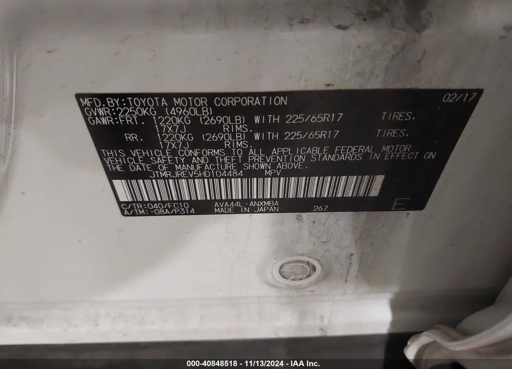 2017 TOYOTA RAV4 HV VIN: JTMRJREV5HD104484