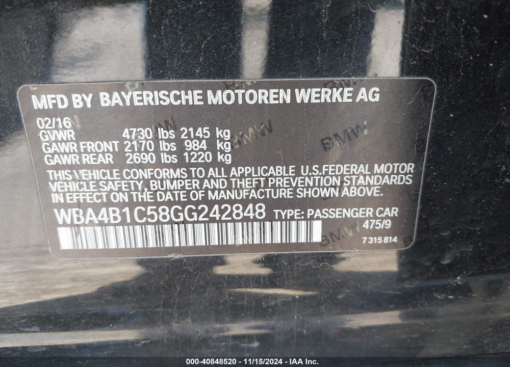 2016 BMW 435I GRAN COUPE VIN: WBA4B1C58GG242848