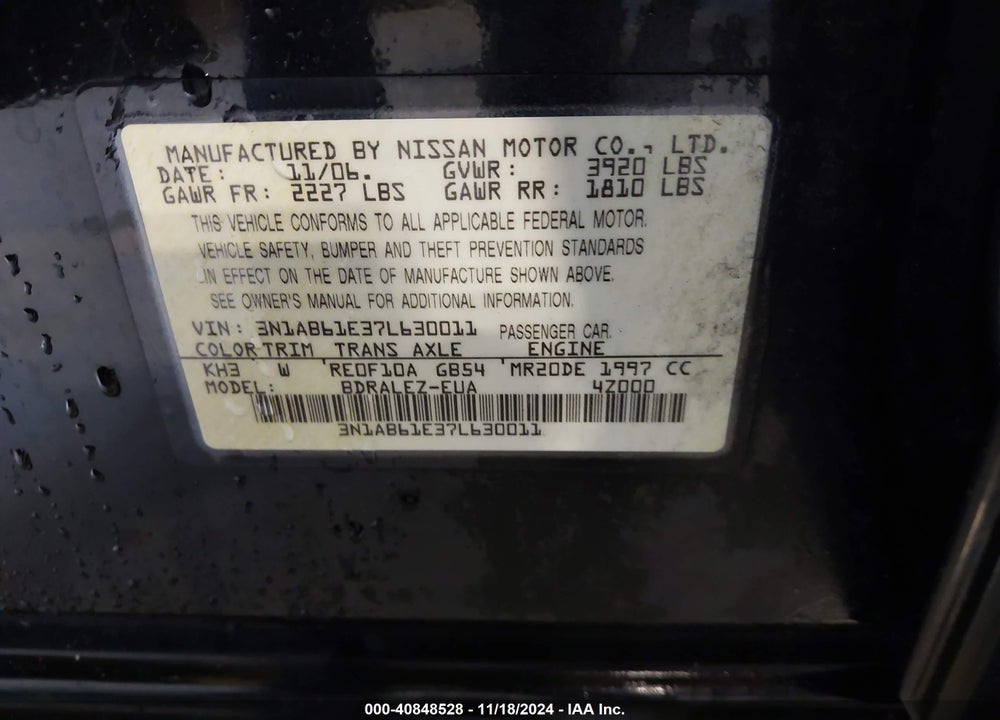 2007 NISSAN SENTRA 2.0S VIN: 3N1AB61E37L630011