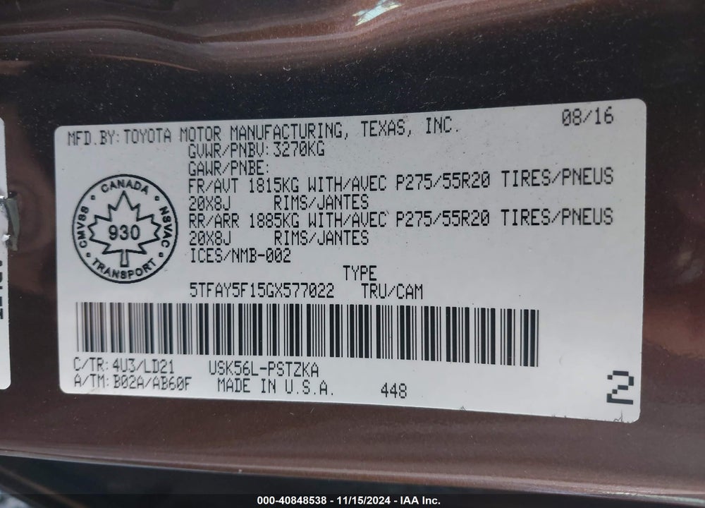 2016 TOYOTA TUNDRA PLATINUM 5.7L V8 VIN: 5TFAY5F15GX577022