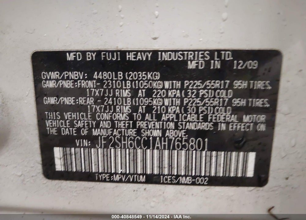 2010 SUBARU FORESTER 2.5X PREMIUM VIN: JF2SH6CC1AH765801