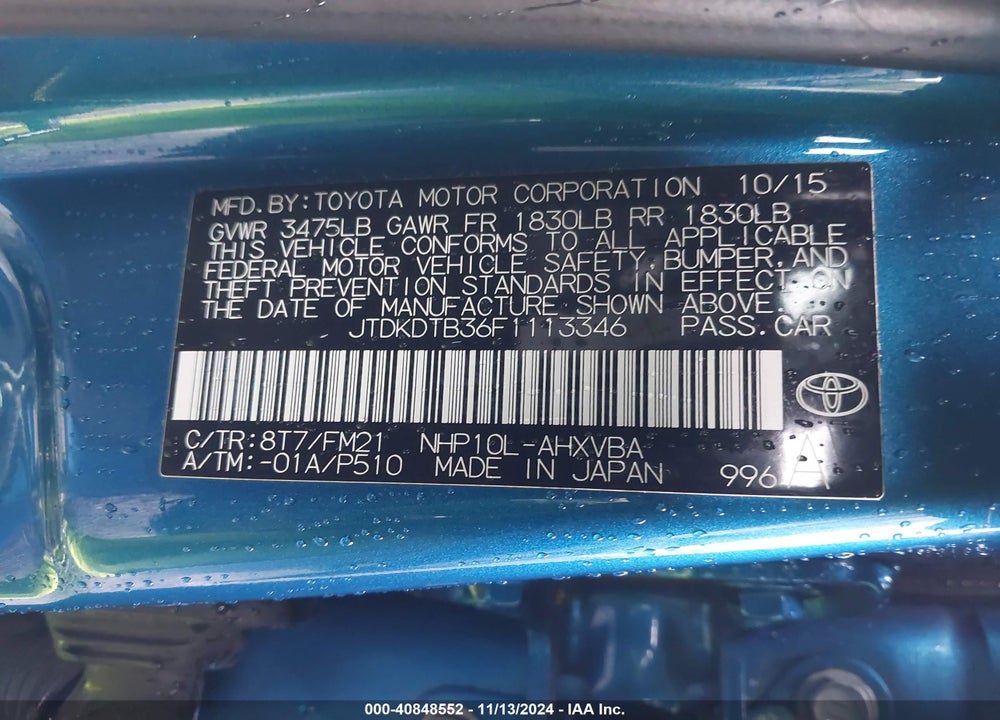 2015 TOYOTA PRIUS C TWO VIN: JTDKDTB36F1113346