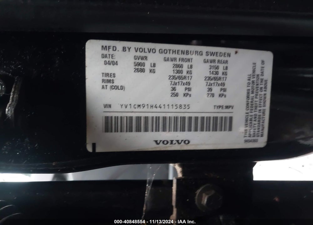 2004 VOLVO XC90 T6 VIN: YV1CM91H441115835