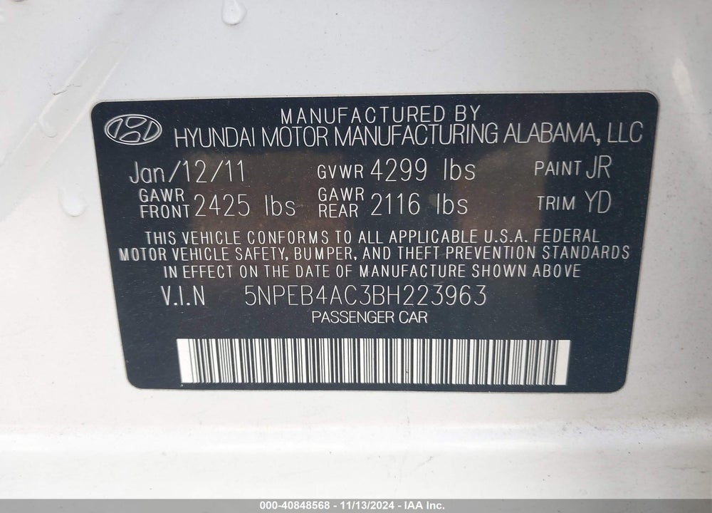 2011 HYUNDAI SONATA GLS VIN: 5NPEB4AC3BH223963