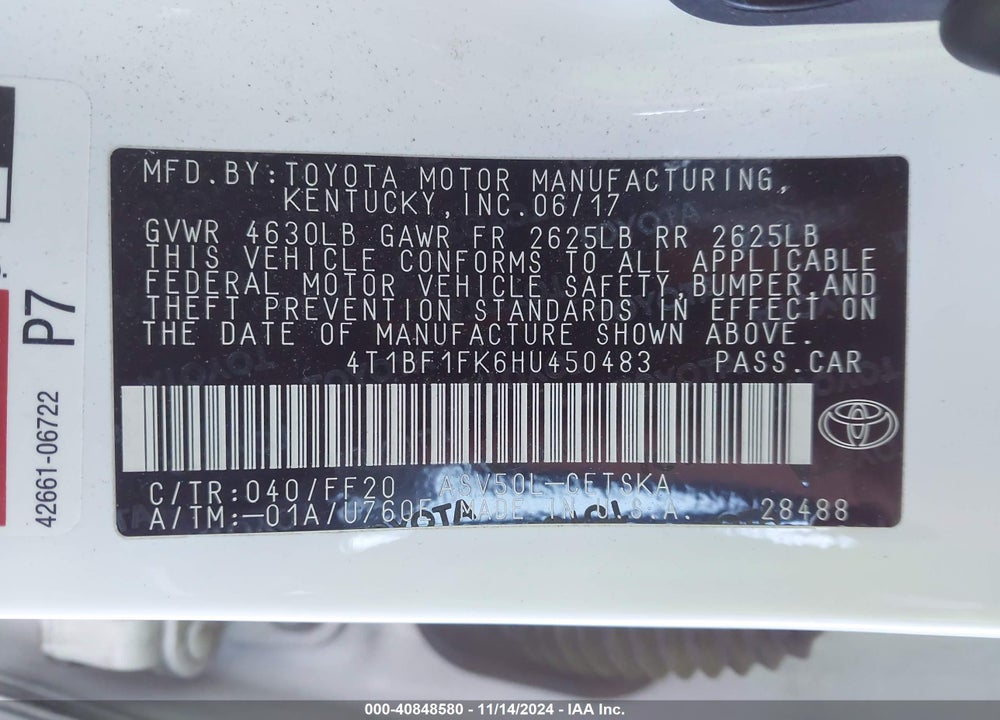 2017 TOYOTA CAMRY SE VIN: 4T1BF1FK6HU450483