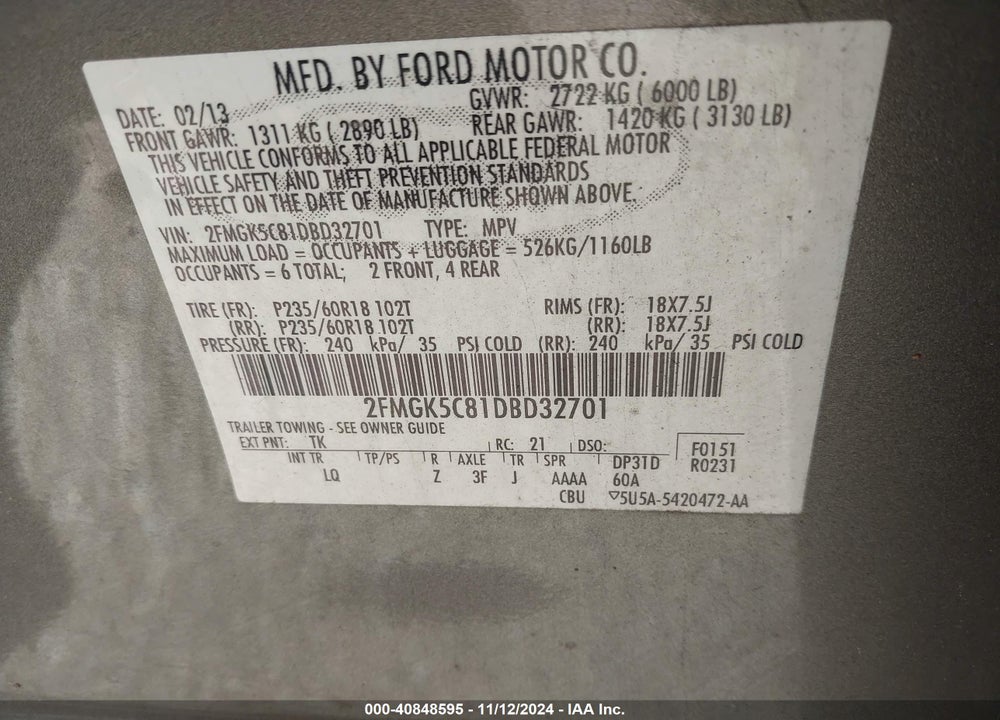 2013 FORD FLEX SEL VIN: 2FMGK5C81DBD32701
