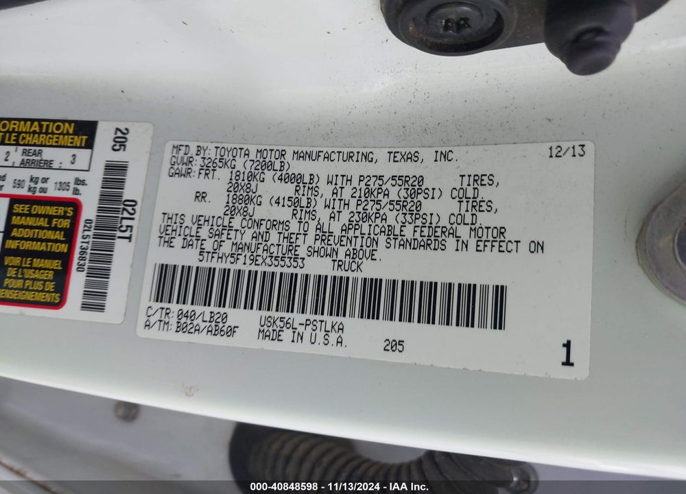 2014 TOYOTA TUNDRA LIMITED 5.7L V8 VIN: 5TFHY5F19EX355353