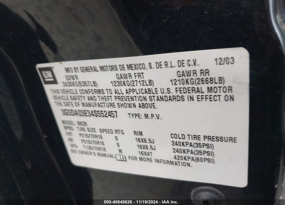 2004 BUICK RENDEZVOUS CX VIN: 3G5DA03E34S552457