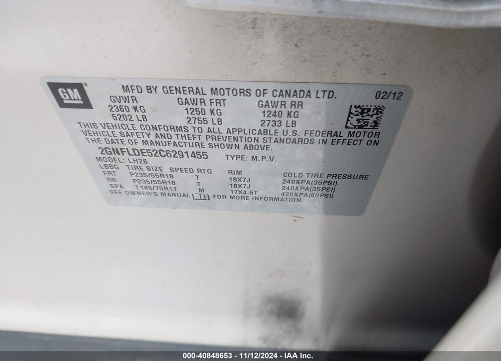 2012 CHEVROLET EQUINOX 1LT VIN: 2GNFLDE52C6291455