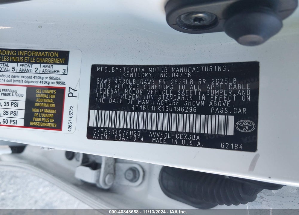 2016 TOYOTA CAMRY HYBRID SE VIN: 4T1BD1FK1GU196296