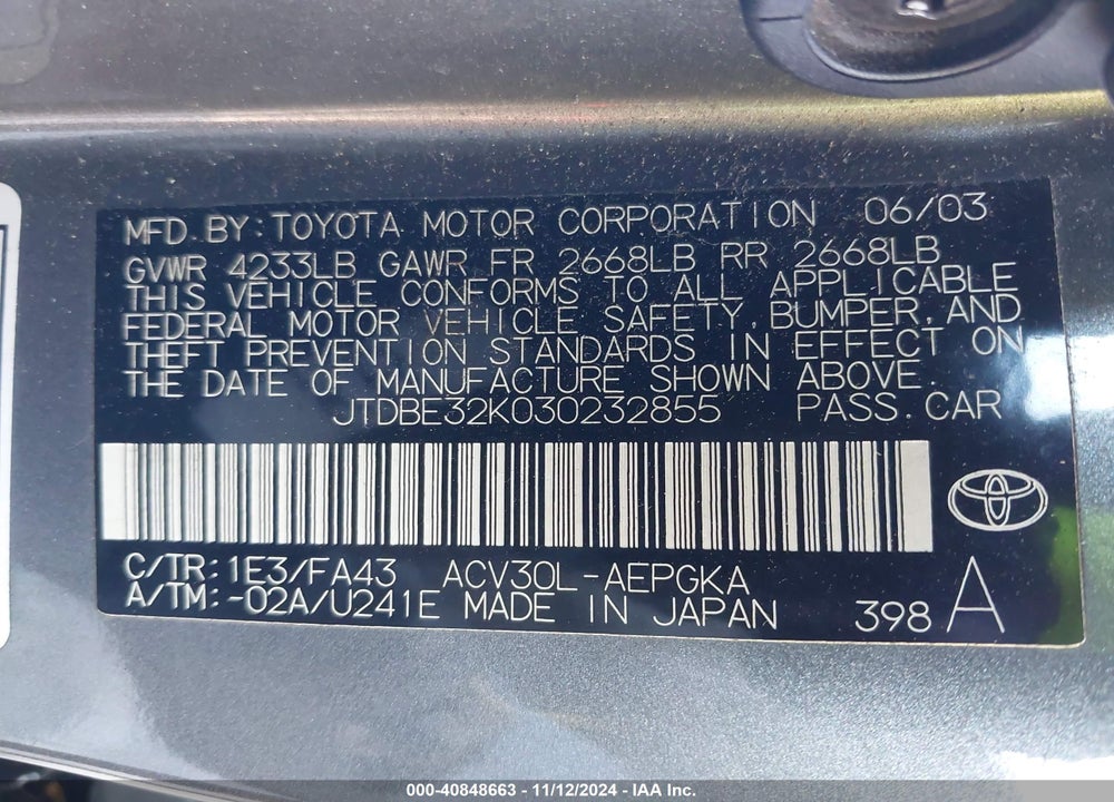 2003 TOYOTA CAMRY XLE VIN: JTDBE32K030232855