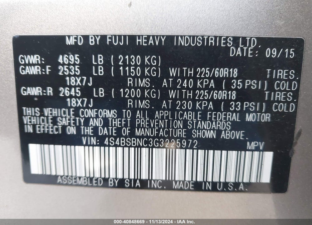 2016 SUBARU OUTBACK 2.5I LIMITED VIN: 4S4BSBNC3G3225972