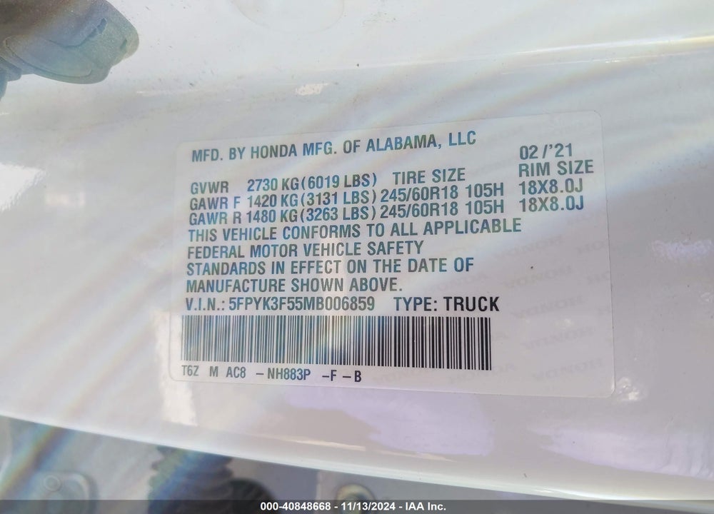 2021 HONDA RIDGELINE AWD RTL VIN: 5FPYK3F55MB006859
