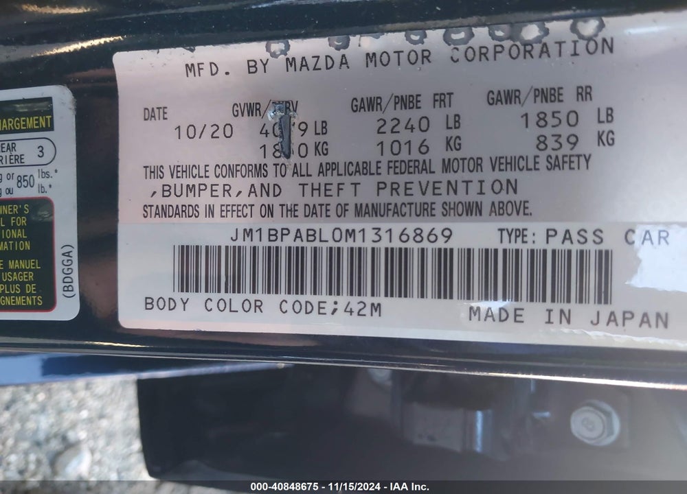 2021 MAZDA 3 SELECT VIN: JM1BPABL0M1316869