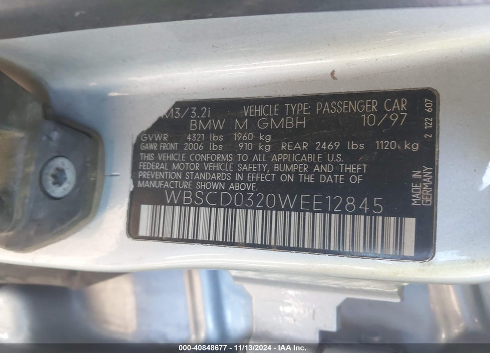 1998 BMW M3 VIN: WBSCD0320WEE12845