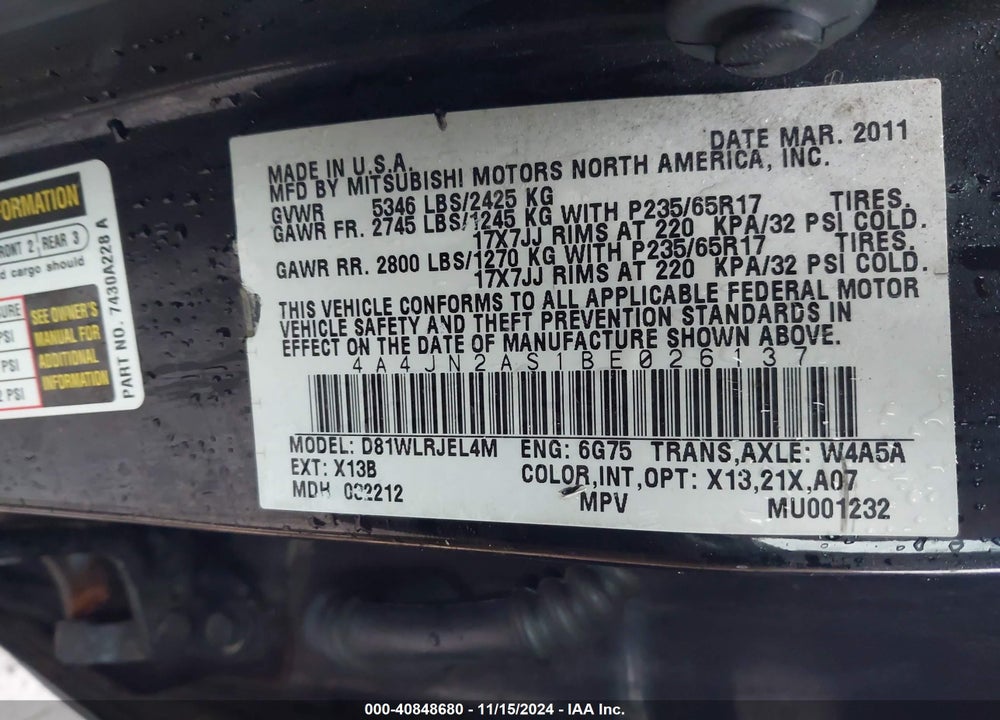 2011 MITSUBISHI ENDEAVOR VIN: 4A4JN2AS1BE026137
