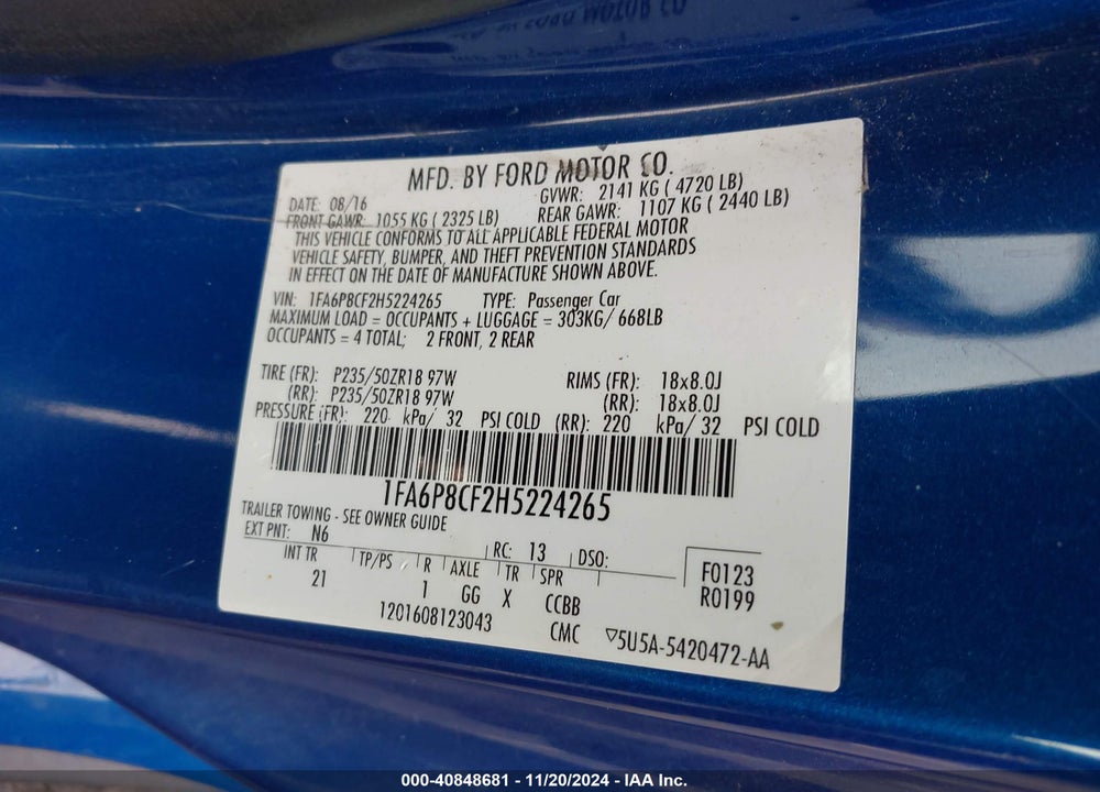 2017 FORD MUSTANG GT VIN: 1FA6P8CF2H5224265