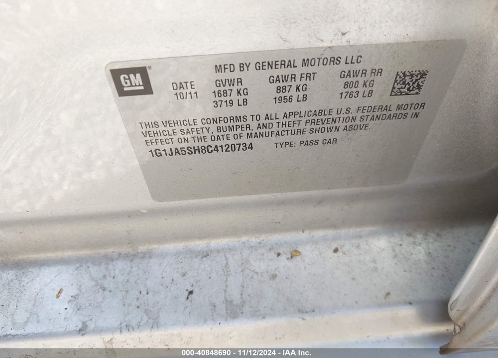 2012 CHEVROLET SONIC 2LS VIN: 1G1JA5SH8C4120734