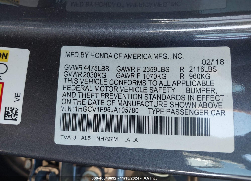 2018 HONDA ACCORD TOURING VIN: 1HGCV1F96JA105780
