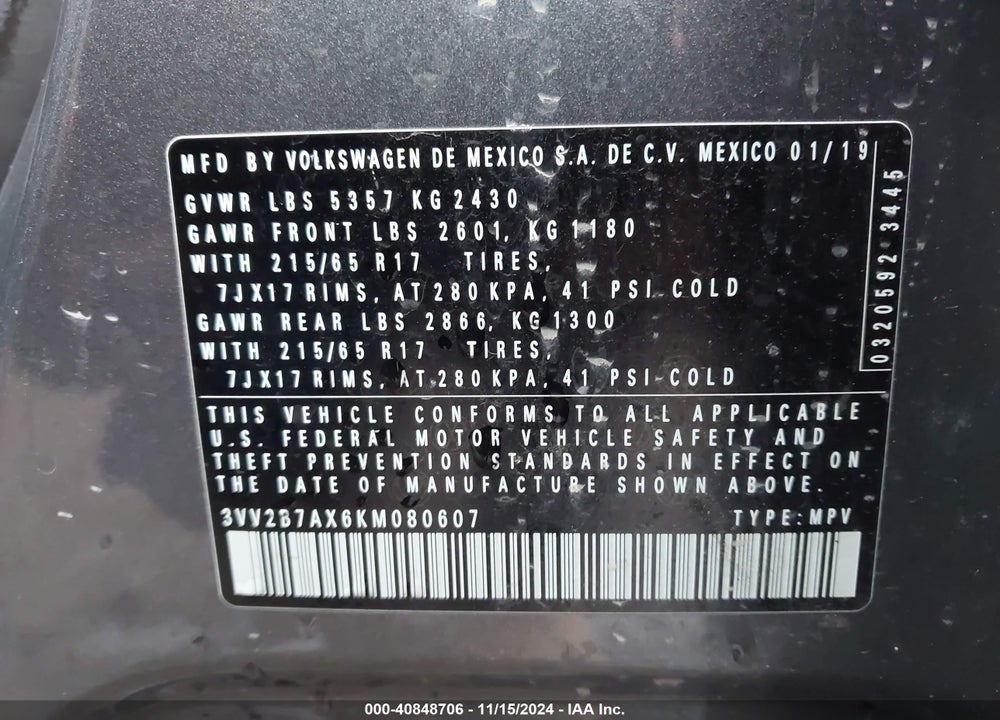 2019 VOLKSWAGEN TIGUAN 2.0T SE/2.0T SEL/2.0T SEL R-LINE/2.0T SEL R-LINE BLACK VIN: 3VV2B7AX6KM080607