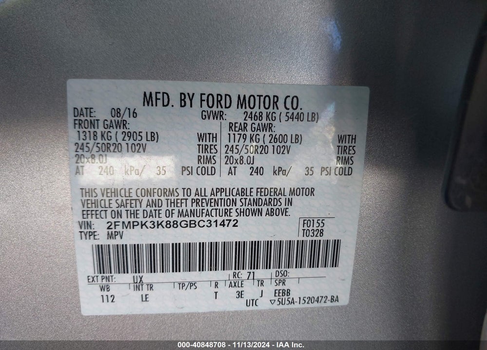 2016 FORD EDGE TITANIUM VIN: 2FMPK3K88GBC31472