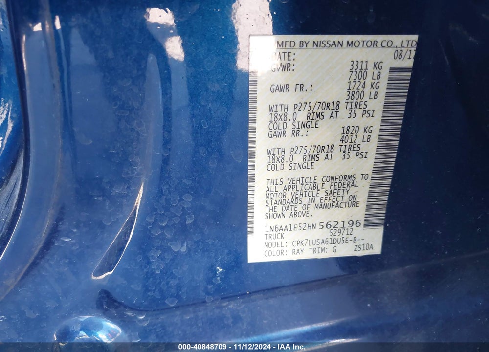 2017 NISSAN TITAN PRO-4X VIN: 1N6AA1E52HN562196