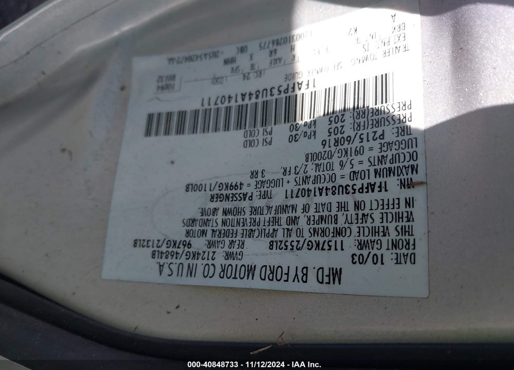2004 FORD TAURUS SE VIN: 1FAFP53U84A140711