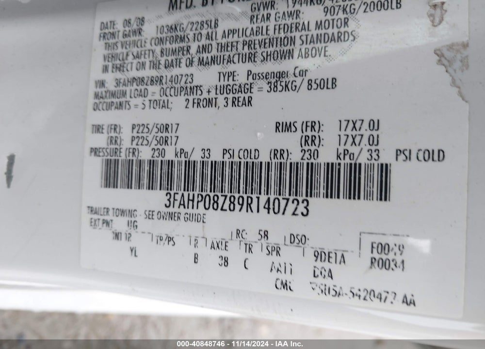 2009 FORD FUSION SEL VIN: 3FAHP08Z89R140723