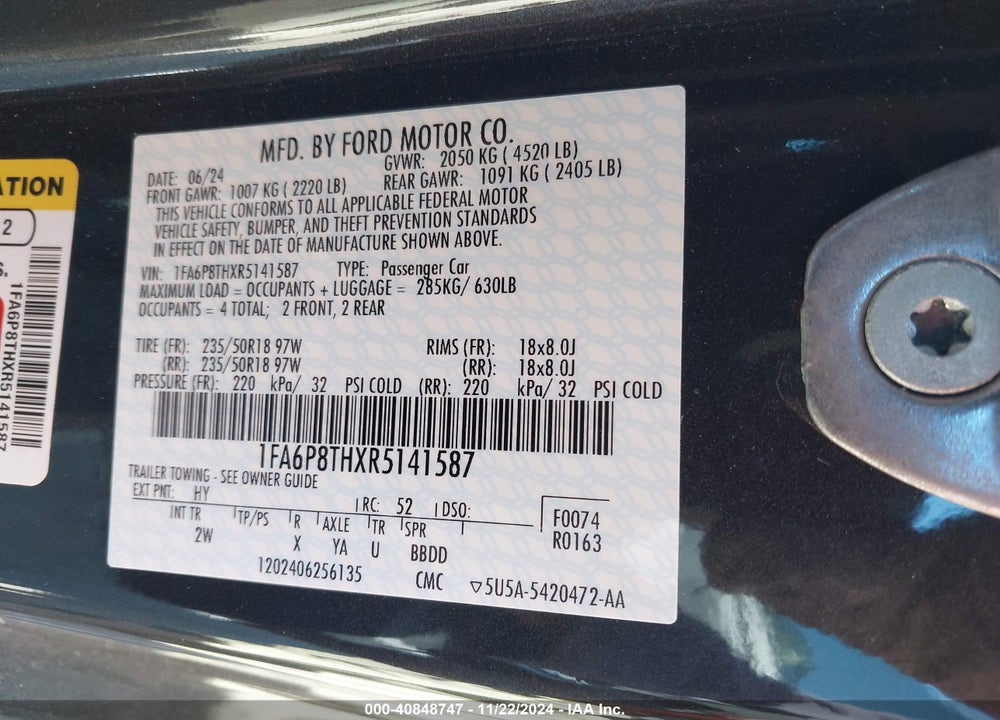 2024 FORD MUSTANG ECOBOOST VIN: 1FA6P8THXR5141587