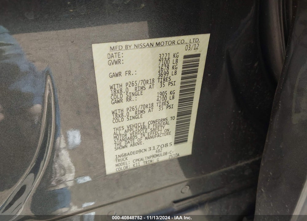 2012 NISSAN TITAN VIN: 1N6BA0ED9CN317085