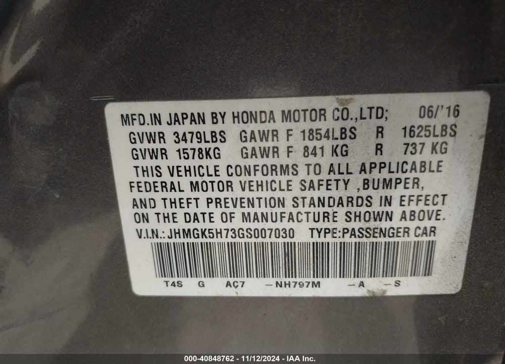2016 HONDA FIT EX VIN: JHMGK5H73GS007030