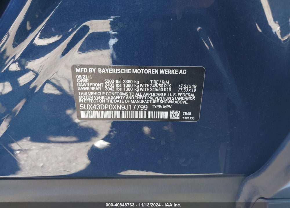 2022 BMW X3 SDRIVE30I VIN: 5UX43DP0XN9J17799