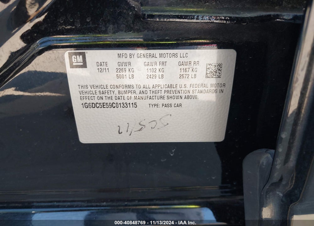 2012 CADILLAC CTS STANDARD VIN: 1G6DC5E59C0133115