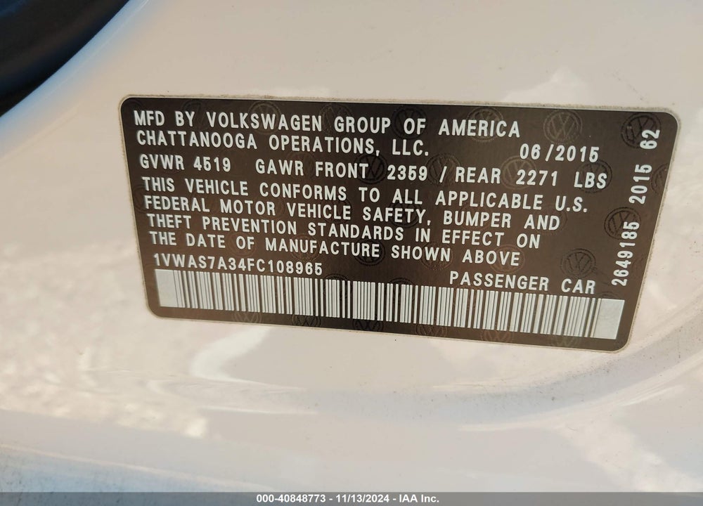 2015 VOLKSWAGEN PASSAT VIN: 1VWAS7A34FC108965