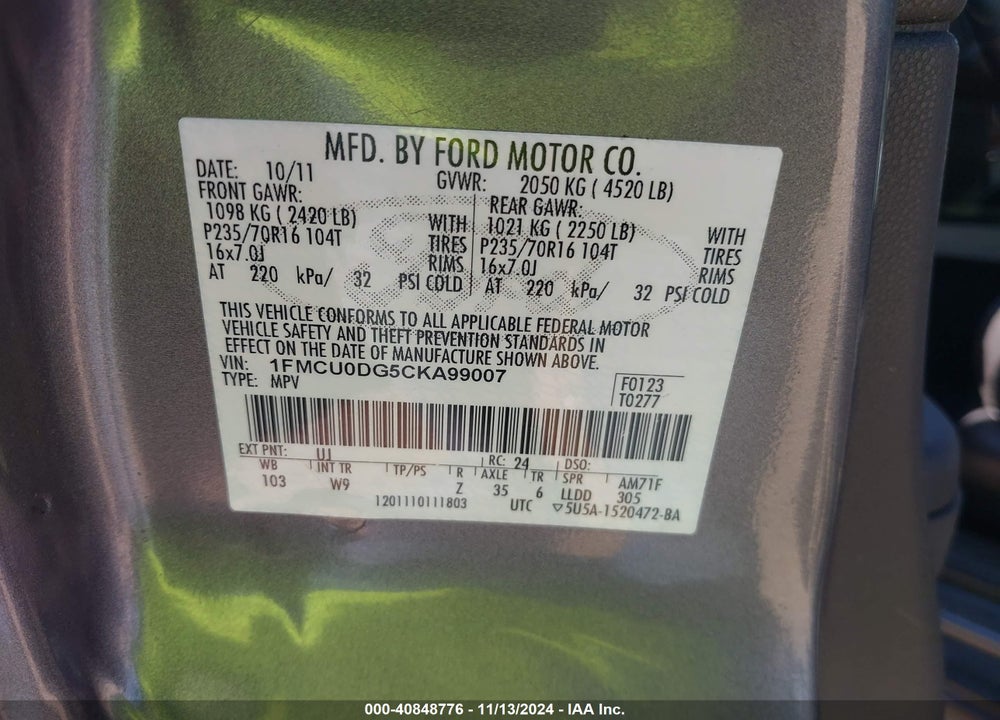 2012 FORD ESCAPE XLT VIN: 1FMCU0DG5CKA99007