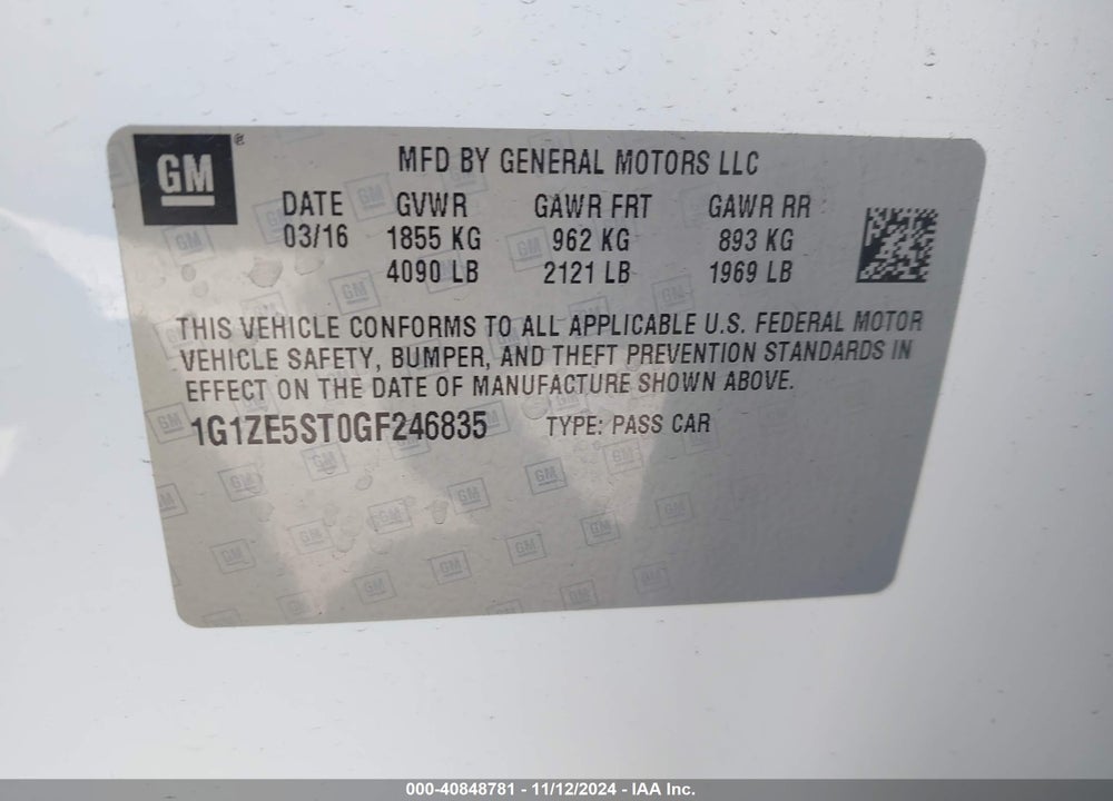 2016 CHEVROLET MALIBU 1LT VIN: 1G1ZE5ST0GF246835