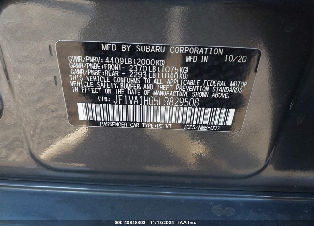 2020 SUBARU WRX LIMITED VIN: JF1VA1H65L9829508