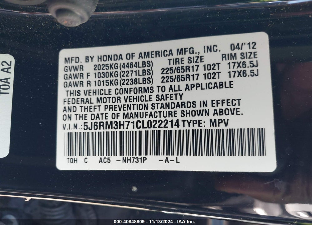 2012 HONDA CR-V EX-L VIN: 5J6RM3H71CL022214