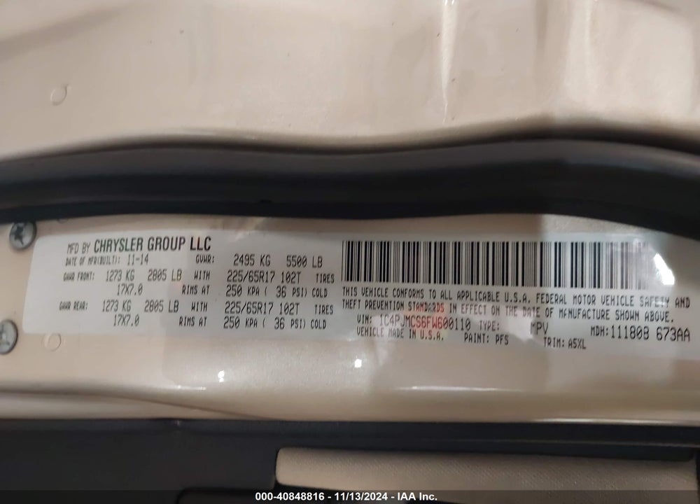 2015 JEEP CHEROKEE LATITUDE VIN: 1C4PJMCS6FW600110