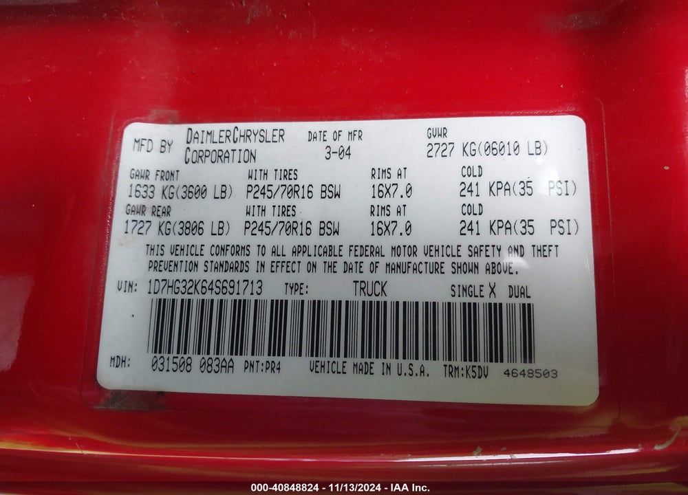 2004 DODGE DAKOTA SPORT VIN: 1D7HG32K64S691713