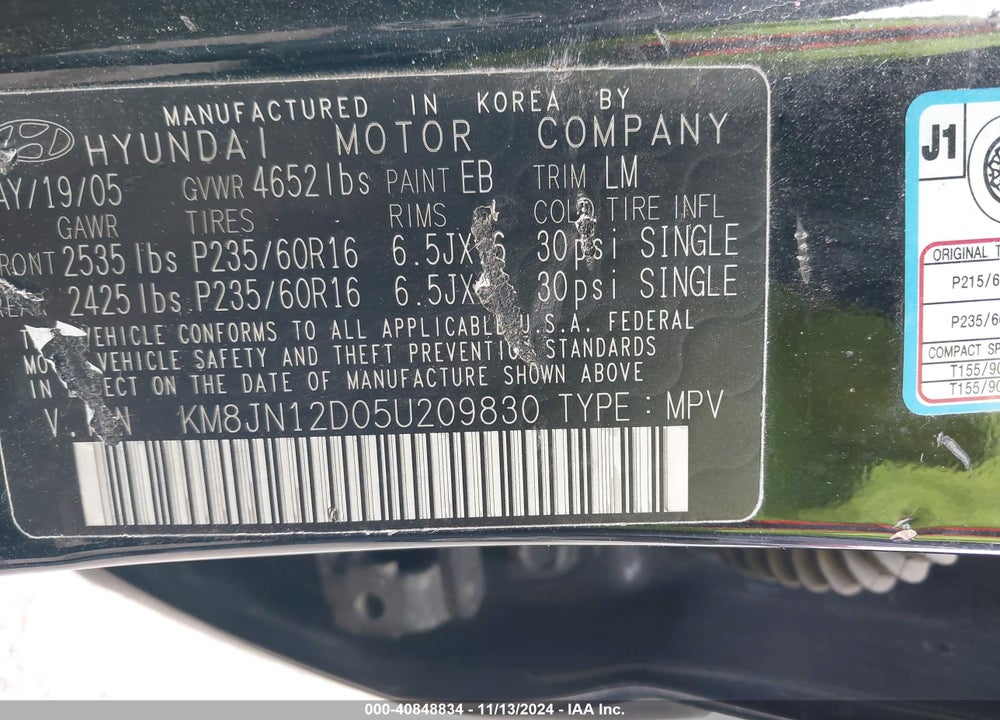 2005 HYUNDAI TUCSON GLS/LX VIN: KM8JN12D05U209830