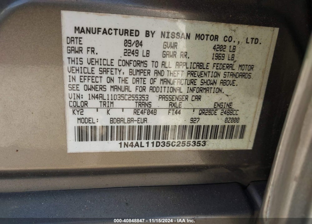 2005 NISSAN ALTIMA 2.5 S VIN: 1N4AL11D35C255353