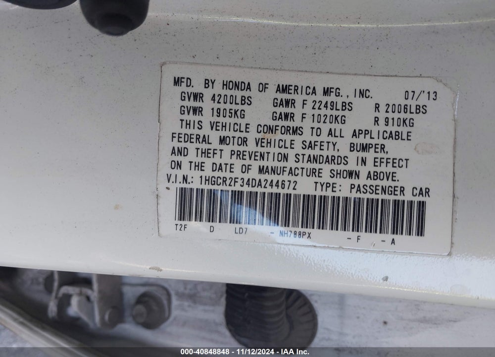 2013 HONDA ACCORD LX VIN: 1HGCR2F34DA244672