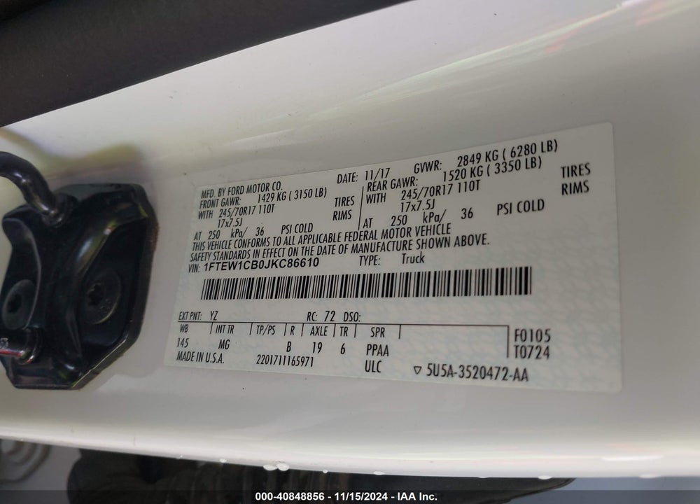 2018 FORD F-150 XLT VIN: 1FTEW1CB0JKC86610