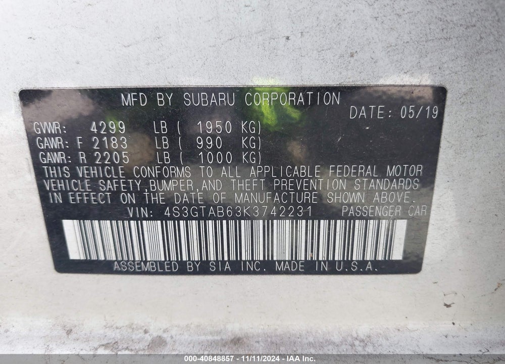 2019 SUBARU IMPREZA VIN: 4S3GTAB63K3742231