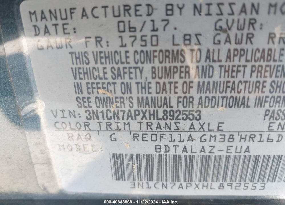 2017 NISSAN VERSA 1.6 S+ VIN: 3N1CN7APXHL892553
