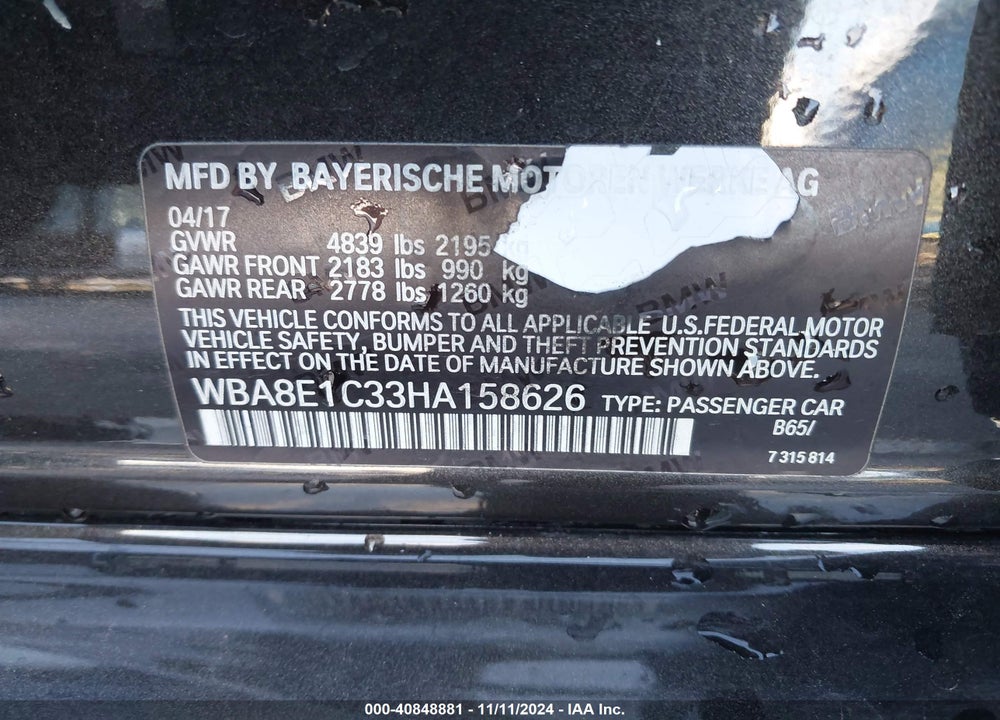 2017 BMW 330E IPERFORMANCE VIN: WBA8E1C33HA158626
