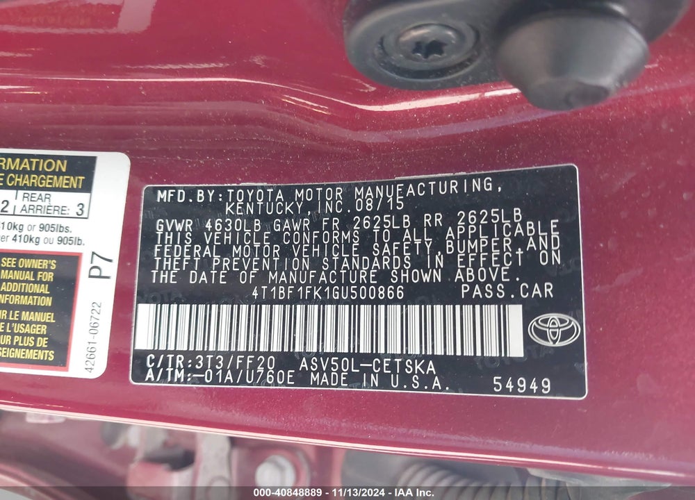2016 TOYOTA CAMRY SE VIN: 4T1BF1FK1GU500866