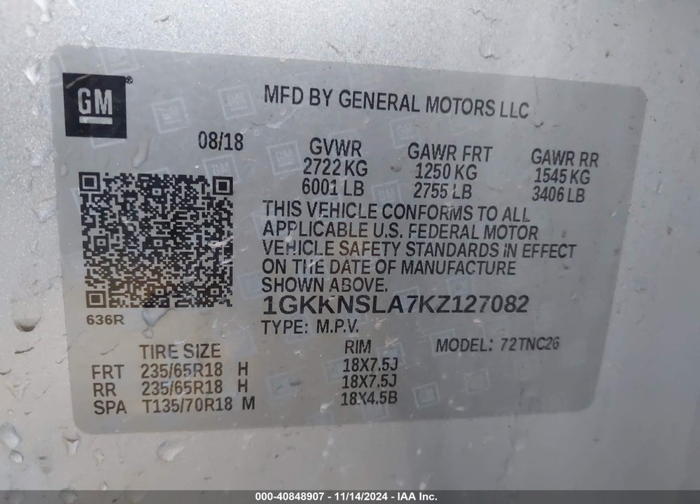 2019 GMC ACADIA SLE-2 VIN: 1GKKNSLA7KZ127082